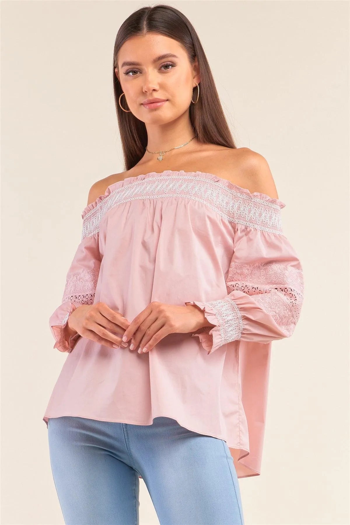 Boho Pink Off-The-Shoulder Slavic Inspired Crochet Embroidery Detail Long Balloon Sleeve Frill Hem Loose Fit Blouse /1-2-2-1 - Tasha Apparel Wholesale