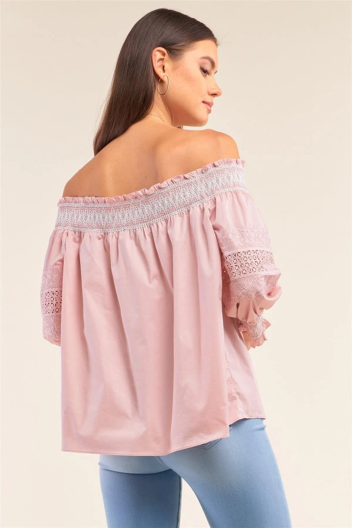 Boho Pink Off-The-Shoulder Slavic Inspired Crochet Embroidery Detail Long Balloon Sleeve Frill Hem Loose Fit Blouse /1-2-2-1 - Tasha Apparel Wholesale