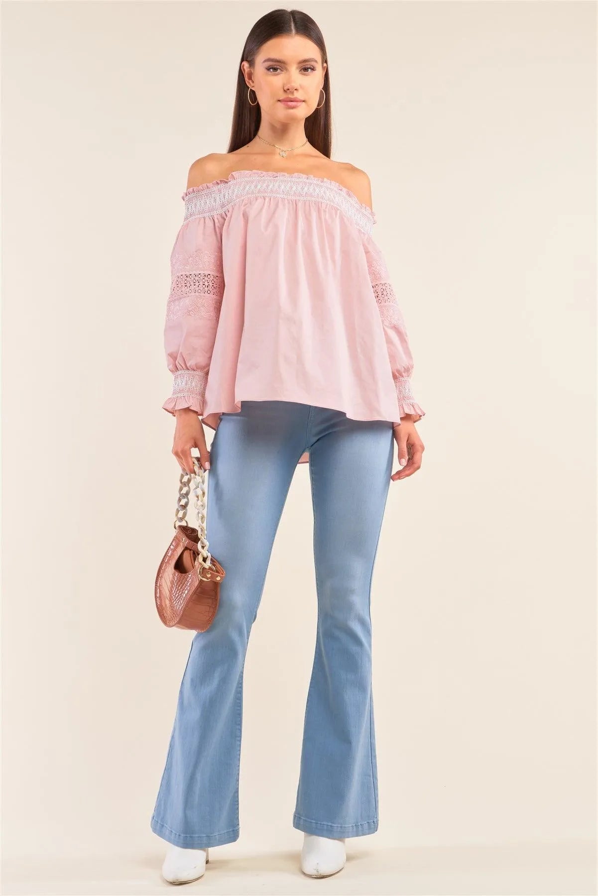 Boho Pink Off-The-Shoulder Slavic Inspired Crochet Embroidery Detail Long Balloon Sleeve Frill Hem Loose Fit Blouse /1-2-2-1 - Tasha Apparel Wholesale