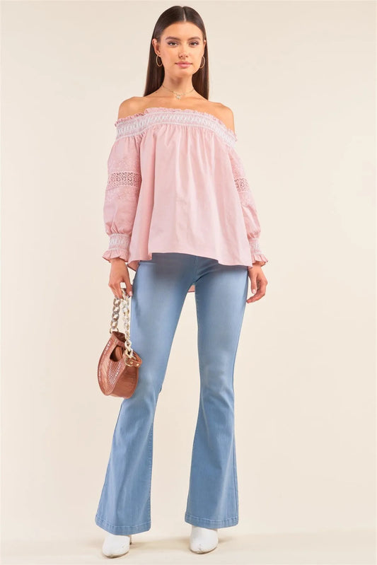 Boho Pink Off-The-Shoulder Slavic Inspired Crochet Embroidery Detail Long Balloon Sleeve Frill Hem Loose Fit Blouse /2-2-2 - Tasha Apparel Wholesale