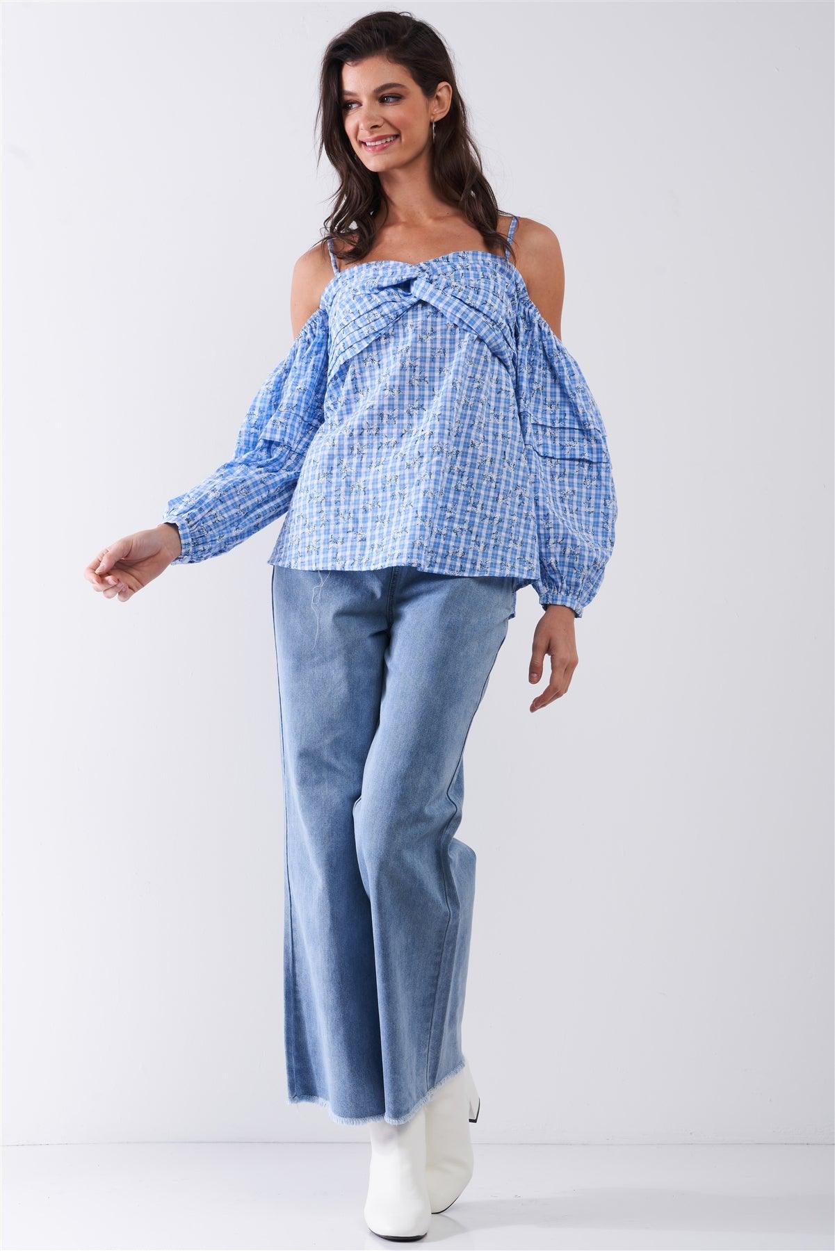 Blue & White Checkered Floral Print Off-The-Shoulder Balloon Sleeve Relaxed Blouse /1-2-1