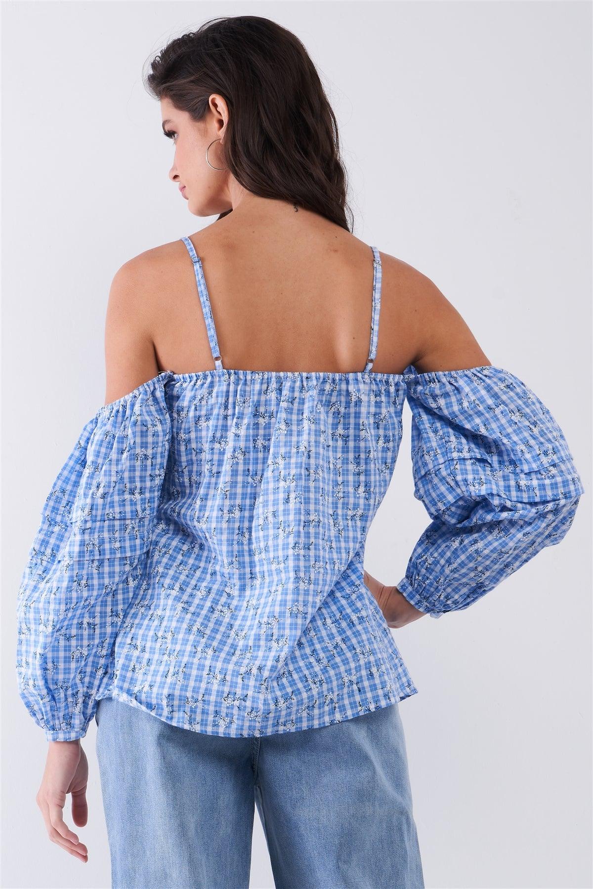 Blue & White Checkered Floral Print Off-The-Shoulder Balloon Sleeve Relaxed Blouse /1-2-1