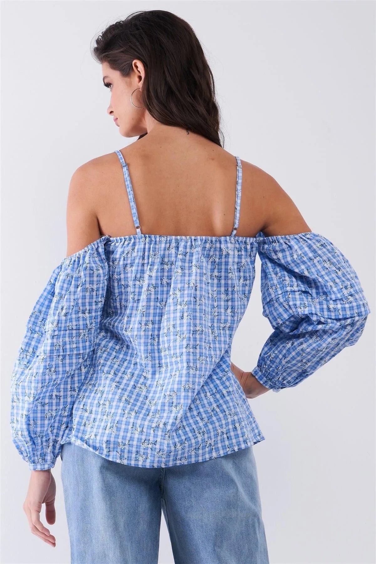 Blue & White Checkered Floral Print Off-The-Shoulder Balloon Sleeve Relaxed Blouse /1-2-1 - Tasha Apparel Wholesale