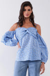 Blue & White Checkered Floral Print Off-The-Shoulder Balloon Sleeve Relaxed Blouse /1-2-2-1 - Tasha Apparel Wholesale