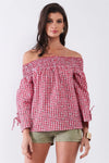 Red & White Checkered Floral Print Off-The-Shoulder Relaxed Blouse Top /1-1-2-1 - Tasha Apparel Wholesale