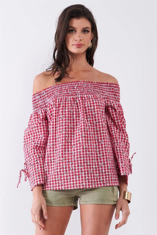 Red & White Checkered Floral Print Off-The-Shoulder Relaxed Blouse Top /1-1-2-1 - Tasha Apparel Wholesale