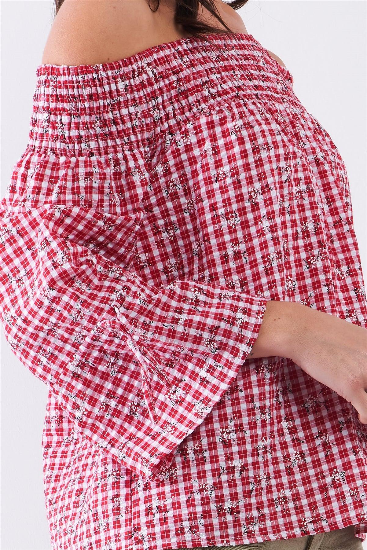 Red & White Checkered Floral Print Off-The-Shoulder Relaxed Blouse Top /1-1-2-1