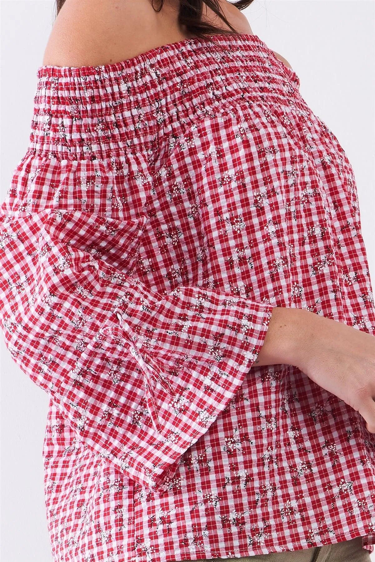 Red & White Checkered Floral Print Off-The-Shoulder Relaxed Blouse Top /1-1-2-1 - Tasha Apparel Wholesale