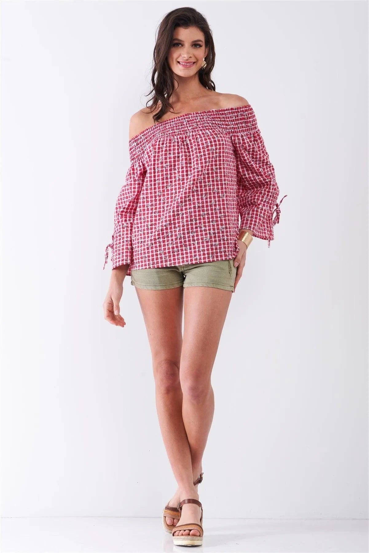 Red & White Checkered Floral Print Off-The-Shoulder Relaxed Blouse Top /1-1-2-1 - Tasha Apparel Wholesale