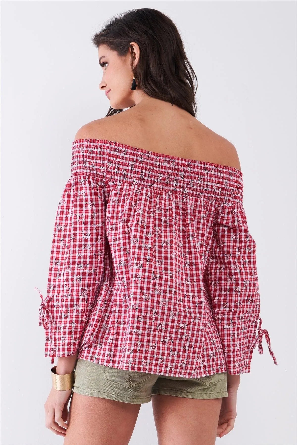 Red & White Checkered Floral Print Off-The-Shoulder Relaxed Blouse Top /1-1-2-1 - Tasha Apparel Wholesale