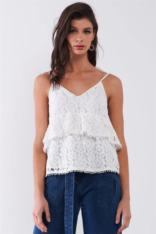 White Sleeveless Floral Crochet V-Neck Layered Relaxed Top /1-2-2-1 - Tasha Apparel Wholesale