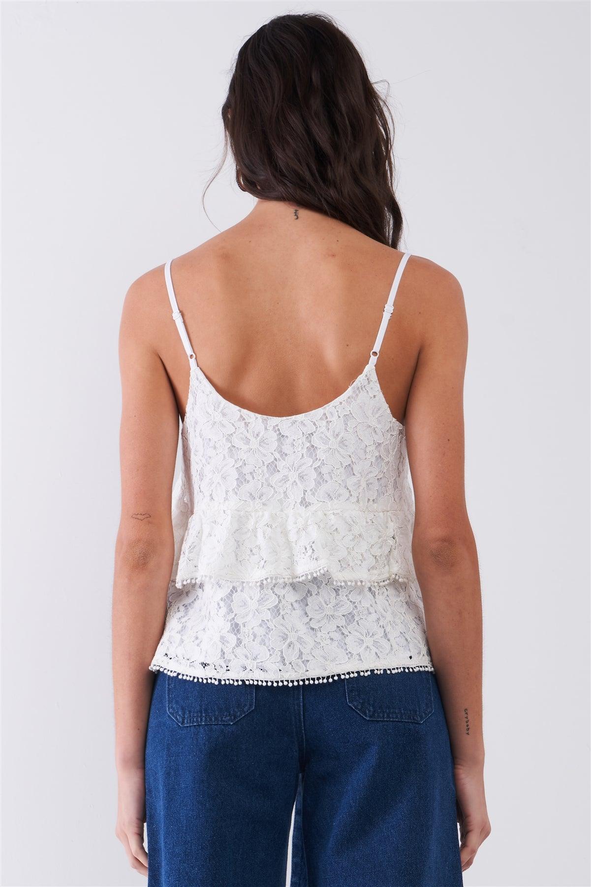 White Sleeveless Floral Crochet V-Neck Layered Relaxed Top /1-2-2-1