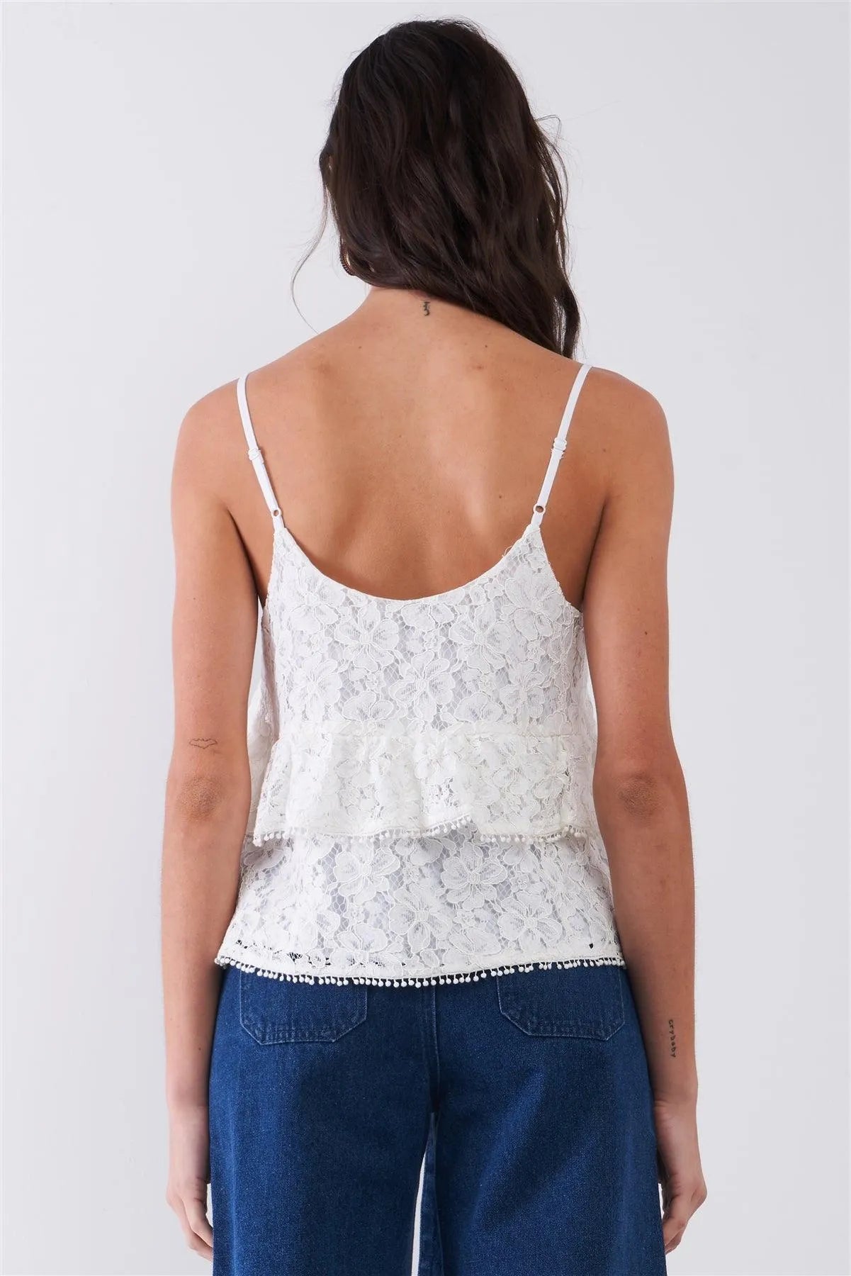 White Sleeveless Floral Crochet V-Neck Layered Relaxed Top /1-2-2-1 - Tasha Apparel Wholesale