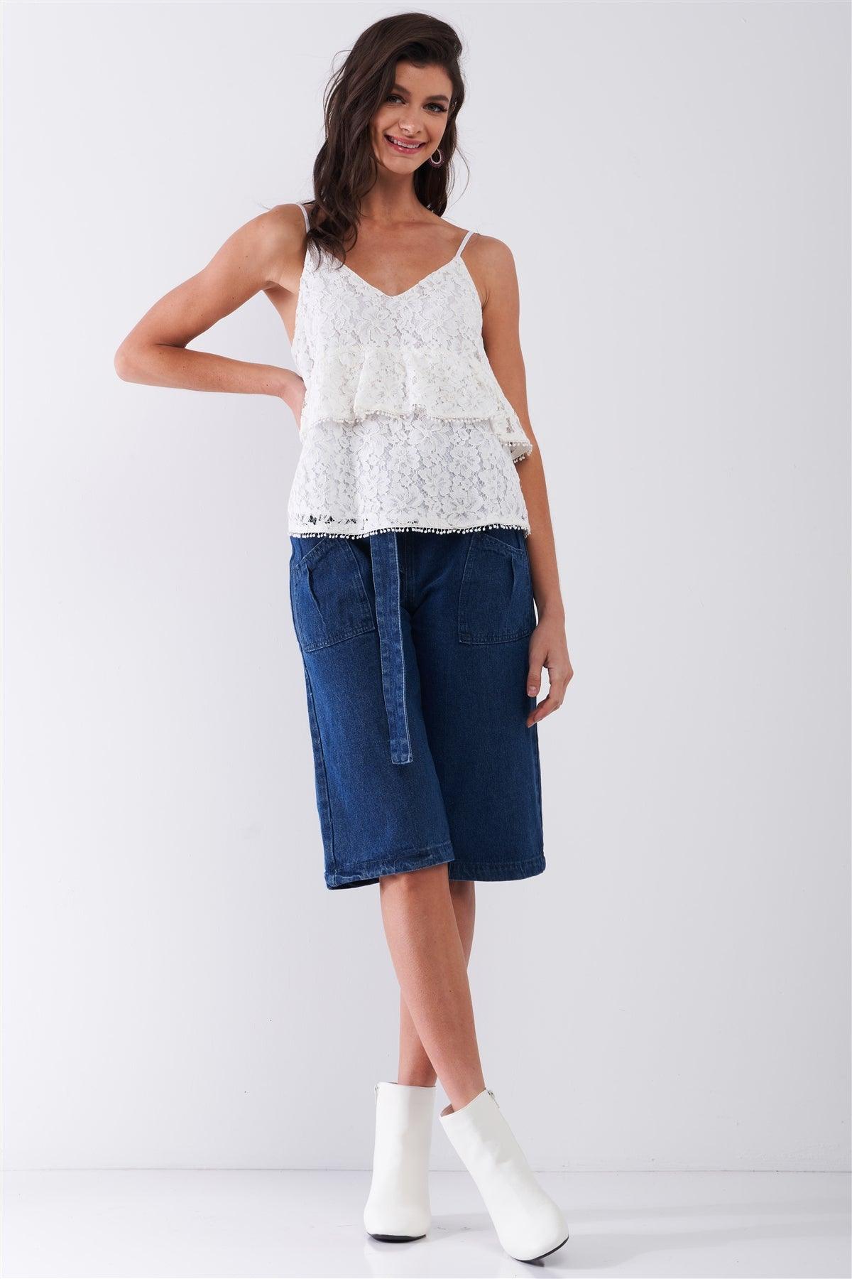 White Sleeveless Floral Crochet V-Neck Layered Relaxed Top /1-2-2-1