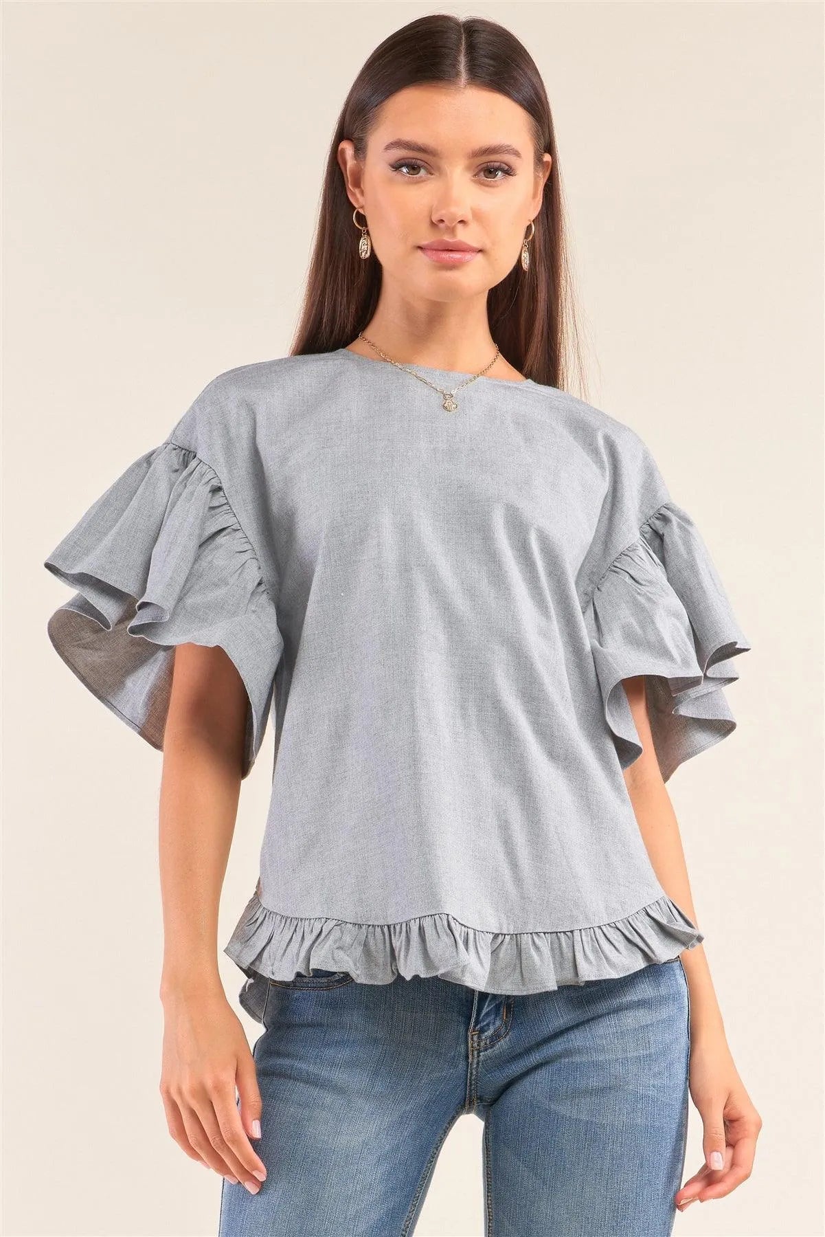 Grey Relaxed Fit Crew Neck Posh Flare Sleeve Back Lace Tie-Up Detail Ruffle Hem Top /1-2-2-1 - Tasha Apparel Wholesale