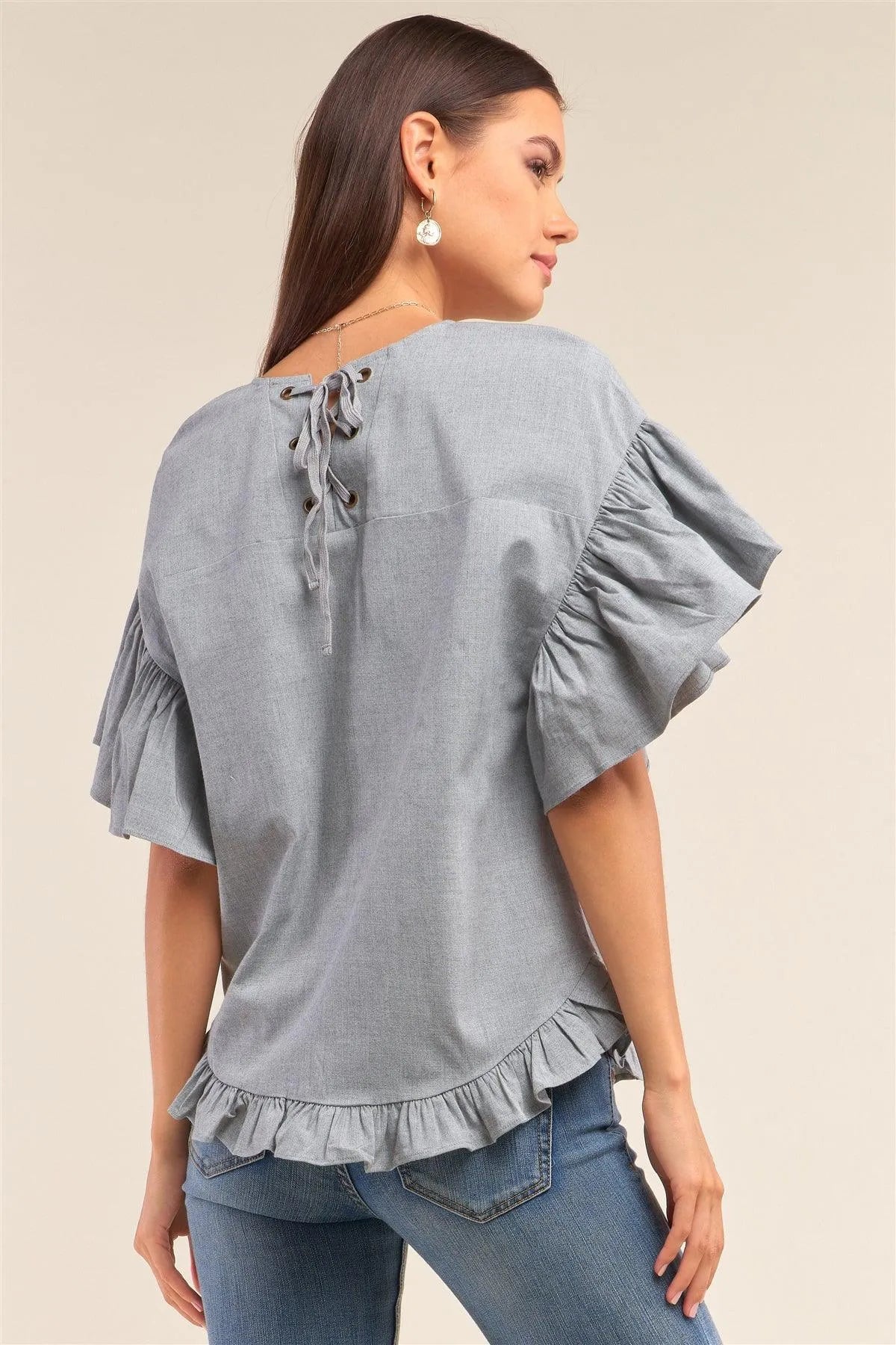 Grey Relaxed Fit Crew Neck Posh Flare Sleeve Back Lace Tie-Up Detail Ruffle Hem Top /1-2-2-1 - Tasha Apparel Wholesale