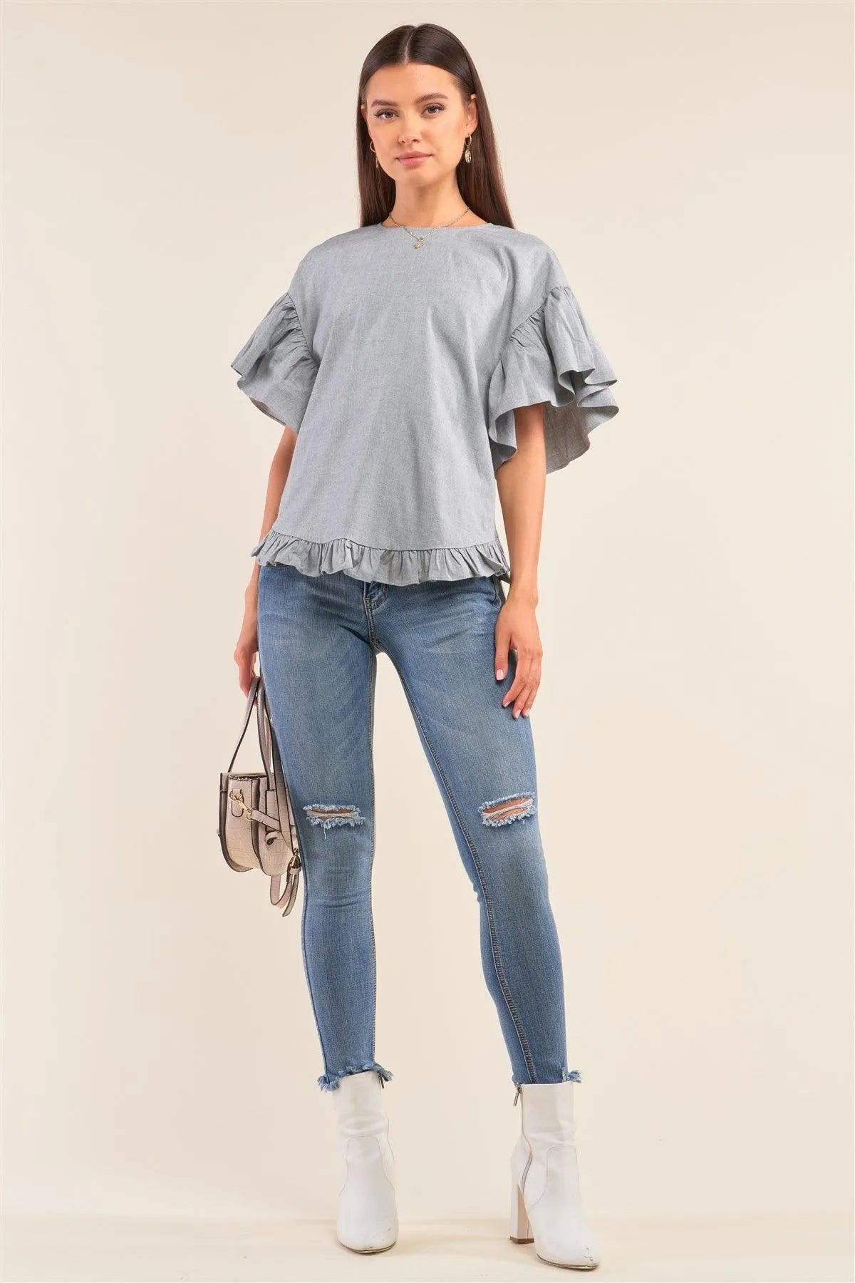 Grey Relaxed Fit Crew Neck Posh Flare Sleeve Back Lace Tie-Up Detail Ruffle Hem Top /1-2-2-1 - Tasha Apparel Wholesale