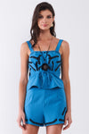 Cerulean Blue Embroidered Sleeveless Self-Tie Crop Top & High Waist Mini Shorts Set /1-2-2-1