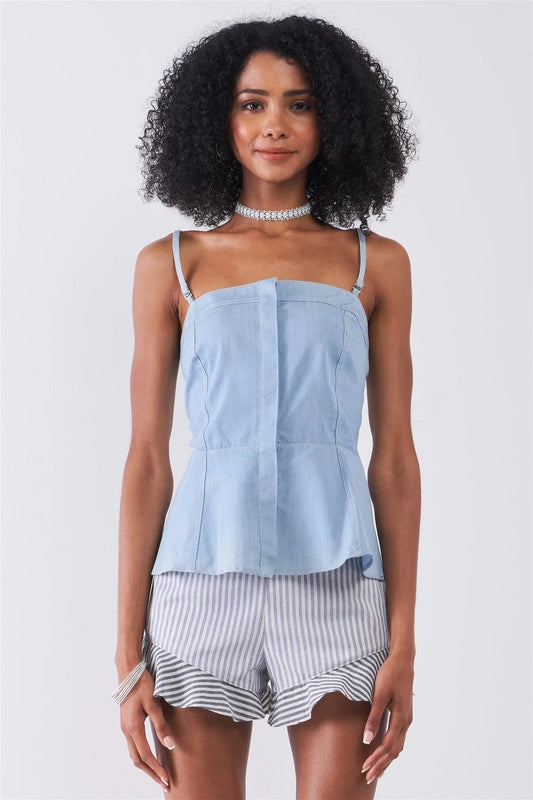 Light Blue Denim Button-Down Front Smock Top /1-2-2-1 - Tasha Apparel Wholesale