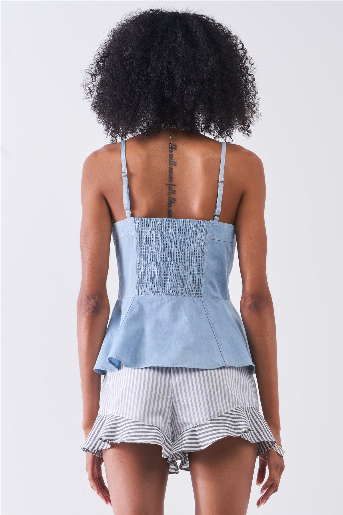 Light Blue Denim Sleeveless Square Neck Button-Down Front Smock Back Detail Fit & Flare Top /1-2-2-1