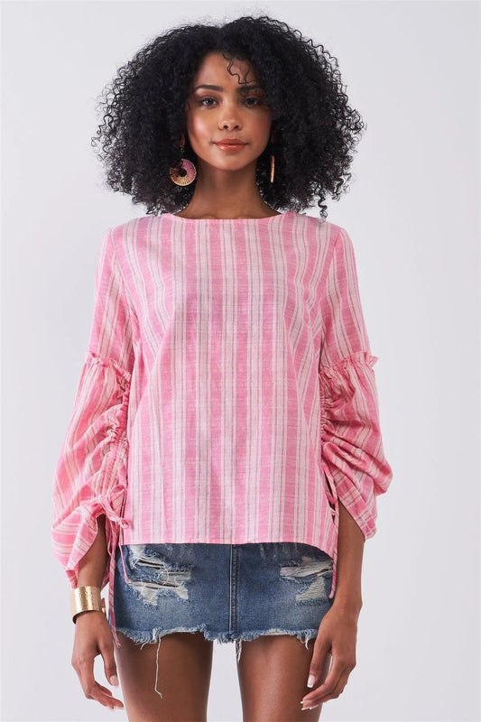 Red Striped Crew Neck Long Gathered Sleeve Back Keyhole Top /1-2-2-1 - Tasha Apparel Wholesale