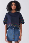 Navy Multi Waves Silk Embroidery Short Bell Sleeve High Neck Relaxed Fit Top /1-2-1 - Tasha Apparel Wholesale