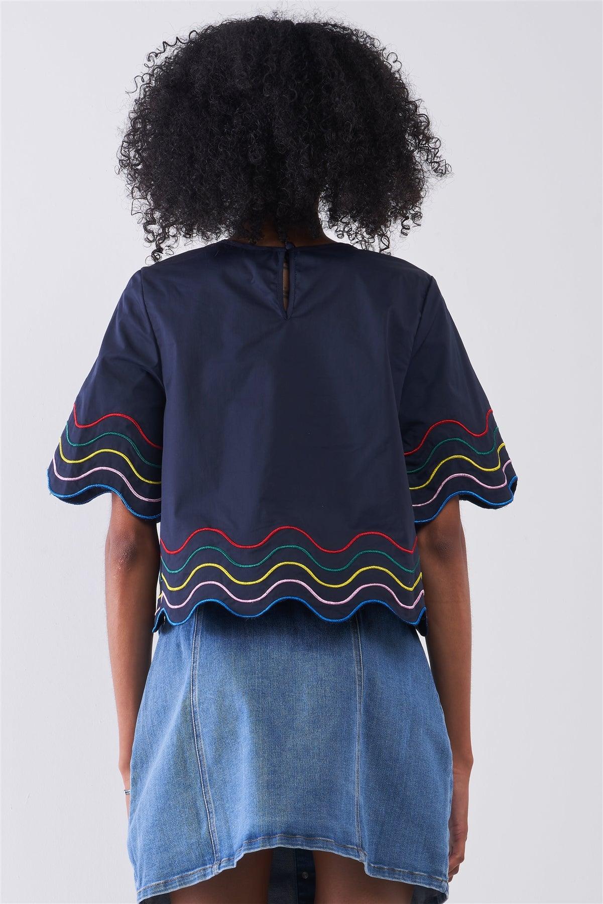 Navy Multi Waves Silk Embroidery Short Bell Sleeve High Neck Relaxed Fit Top /1-2-1
