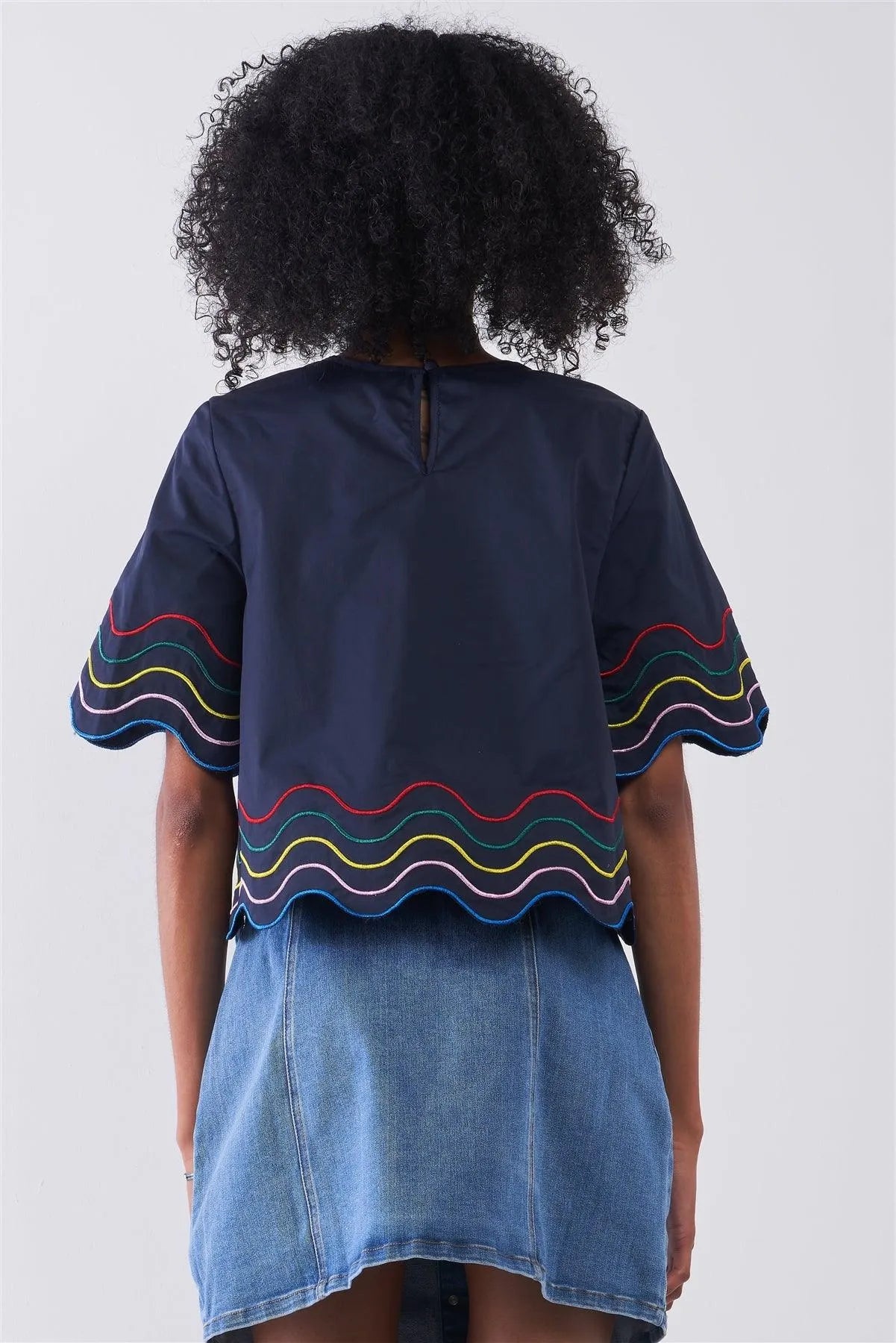 Navy Multi Waves Silk Embroidery Short Bell Sleeve High Neck Relaxed Fit Top /1-2-2-1 - Tasha Apparel Wholesale