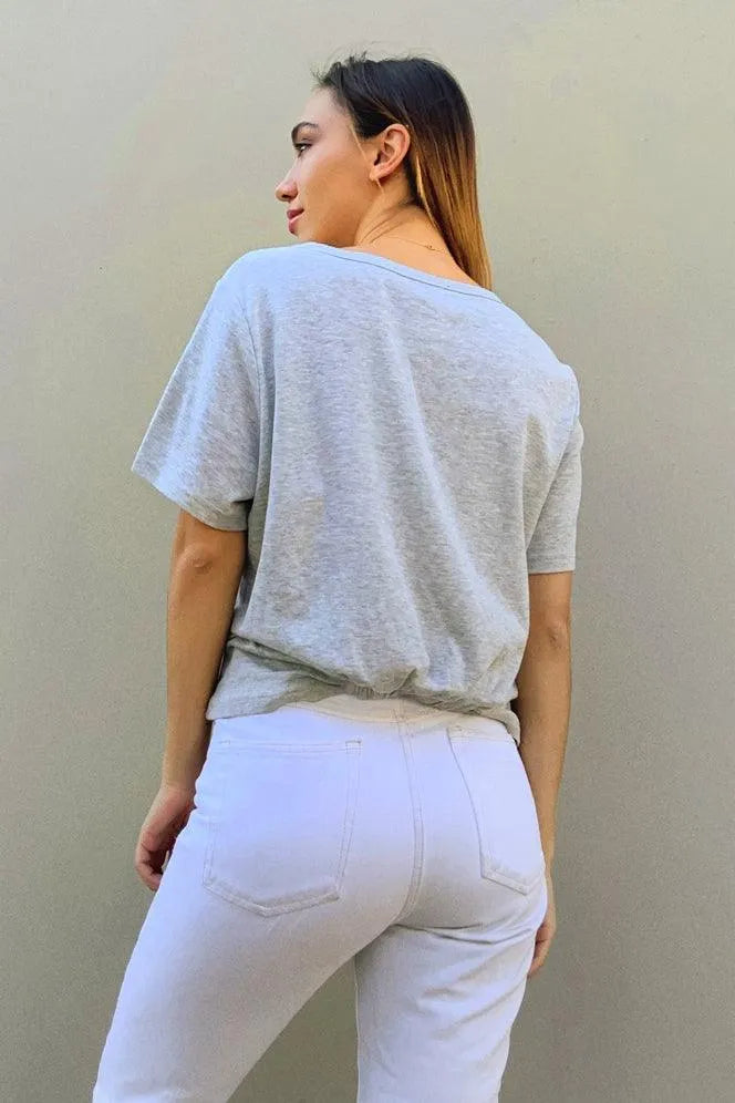 Heather Grey Short Sleeve Crew Neck Knit Front Twist Detail Top /1-2-2-1 - Tasha Apparel Wholesale