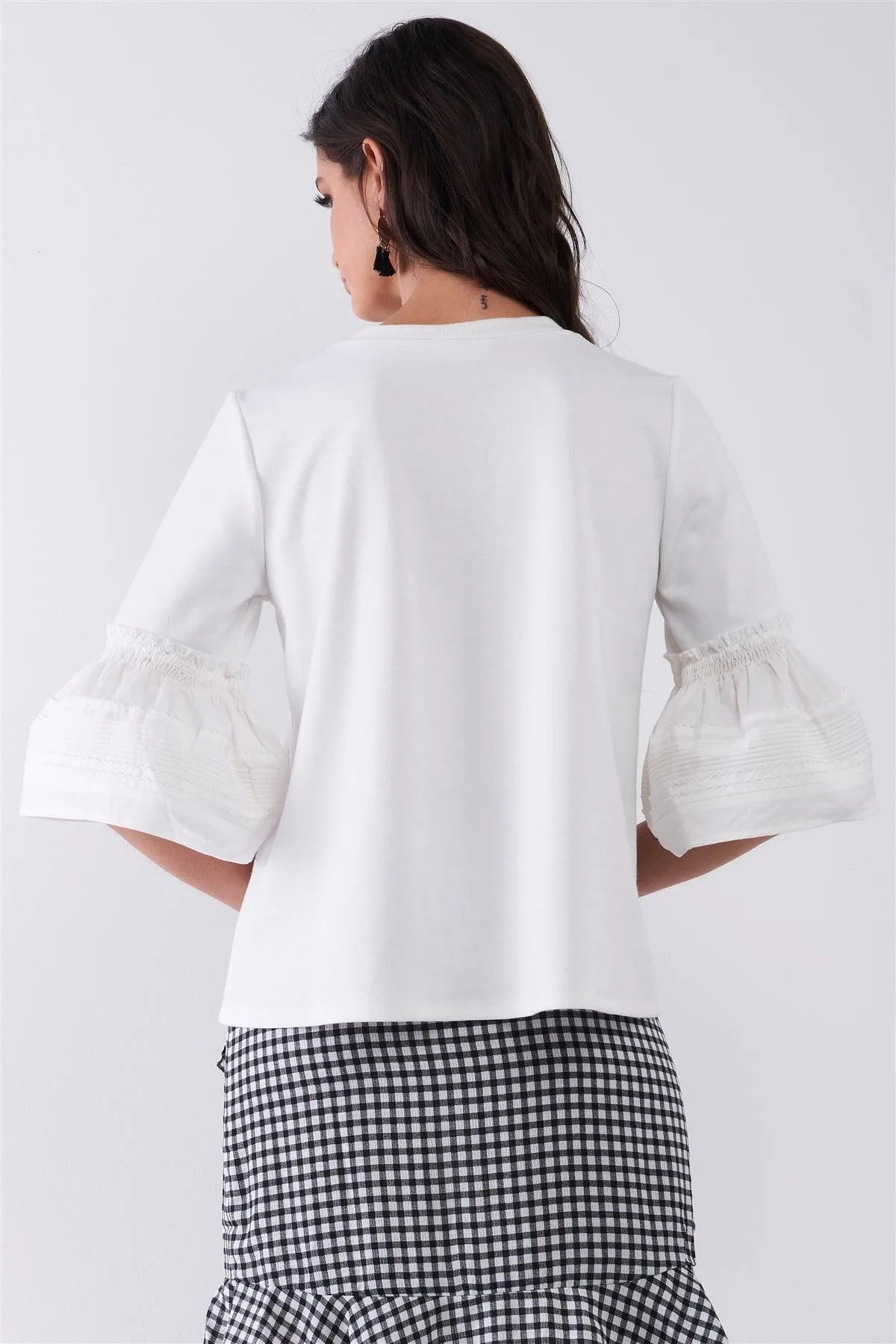 White Solid Pleated Detail Bell Midi Sleeve Relaxed Top /1-2-1 - Tasha Apparel Wholesale