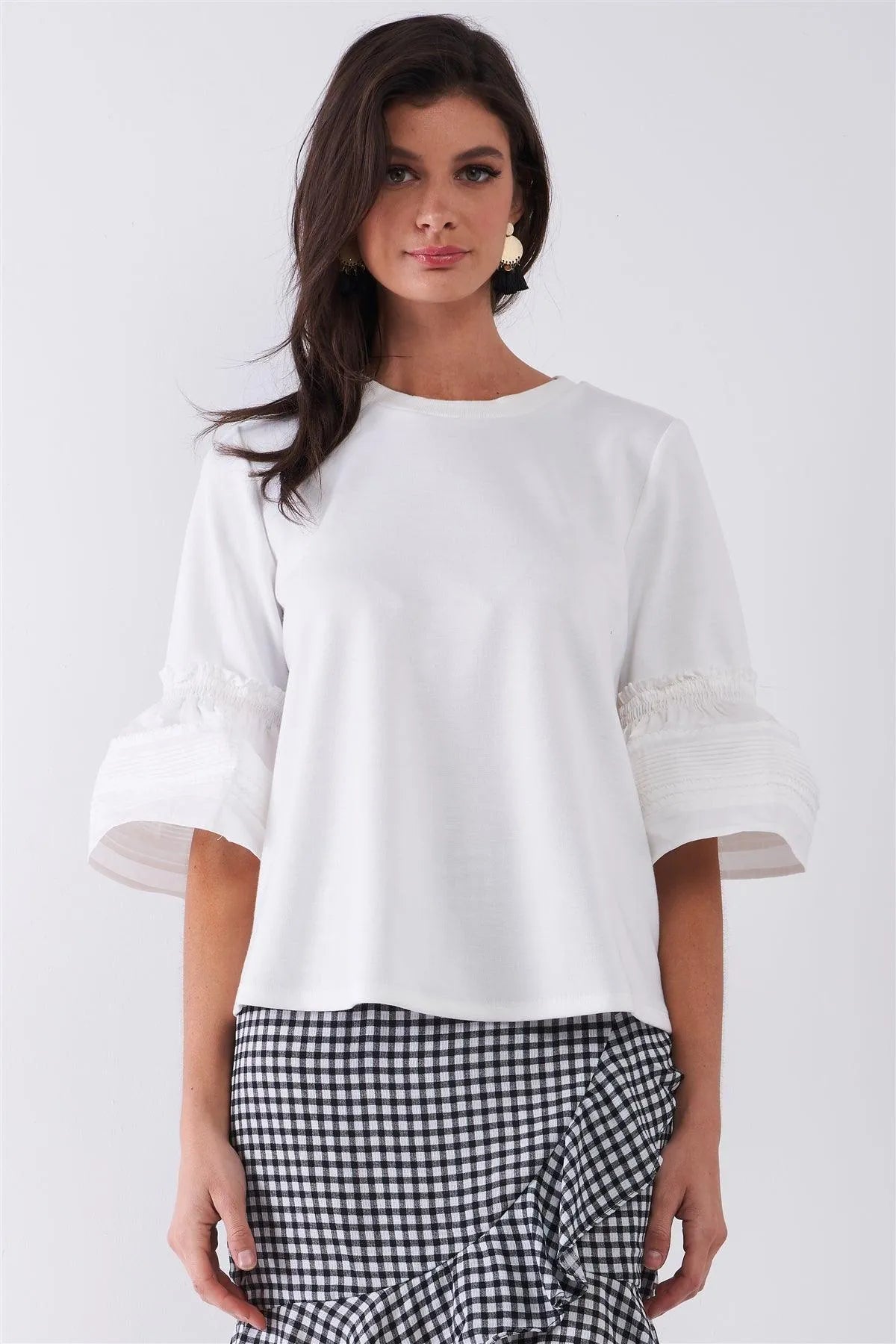 White Solid Pleated Detail Bell Midi Sleeve Relaxed Top /1-2-2-1 - Tasha Apparel Wholesale