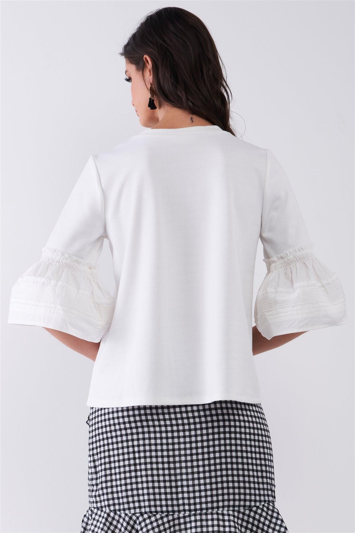 White Solid Pleated Detail Bell Midi Sleeve Relaxed Top /1-2-2-1