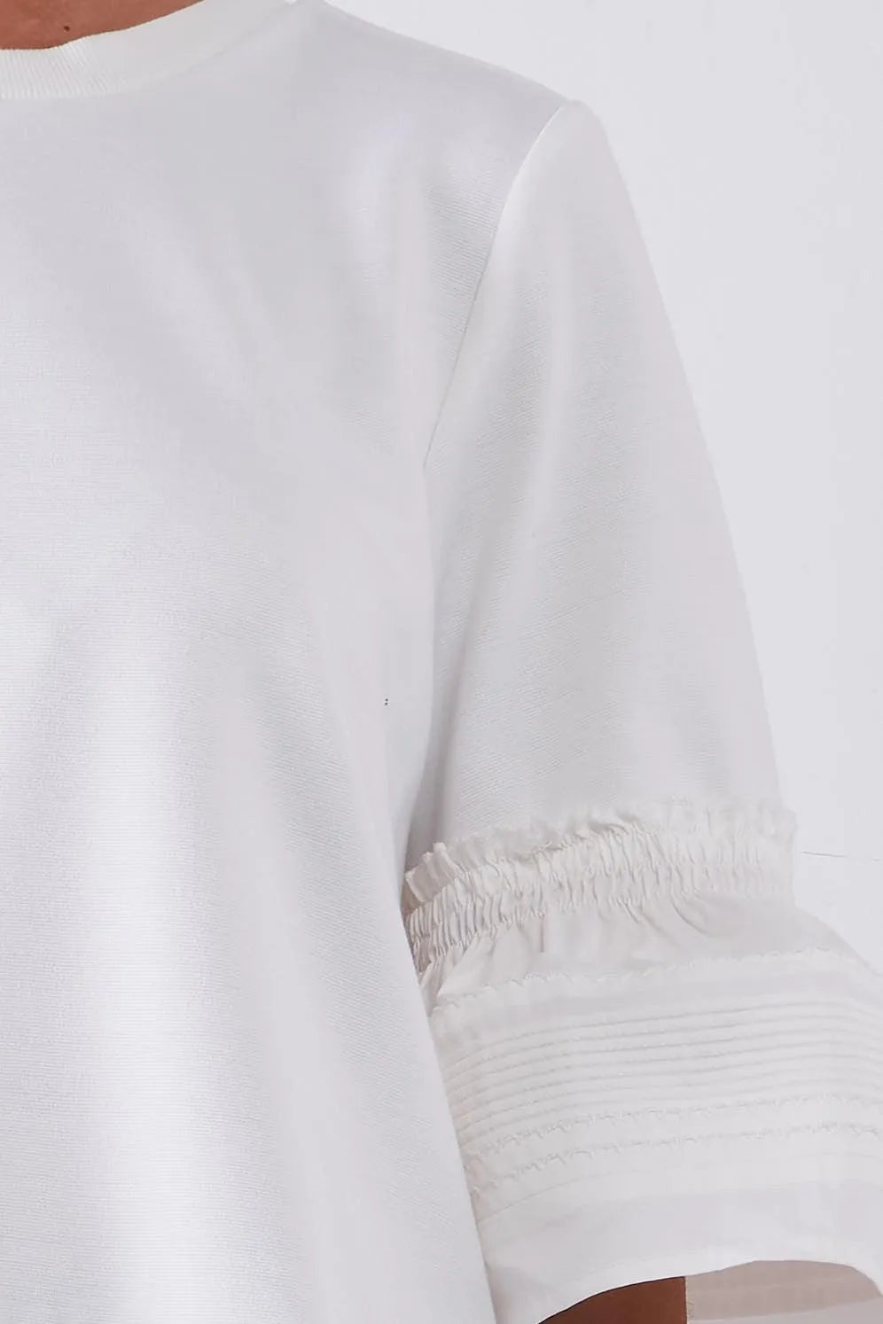White Solid Pleated Detail Bell Midi Sleeve Relaxed Top /1-2-2-1 - Tasha Apparel Wholesale