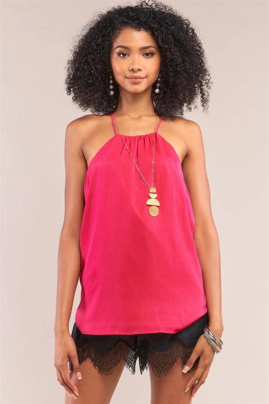 Berry Satin Sleeveless Halter Tank Top /1-2-2-1 - Tasha Apparel Wholesale