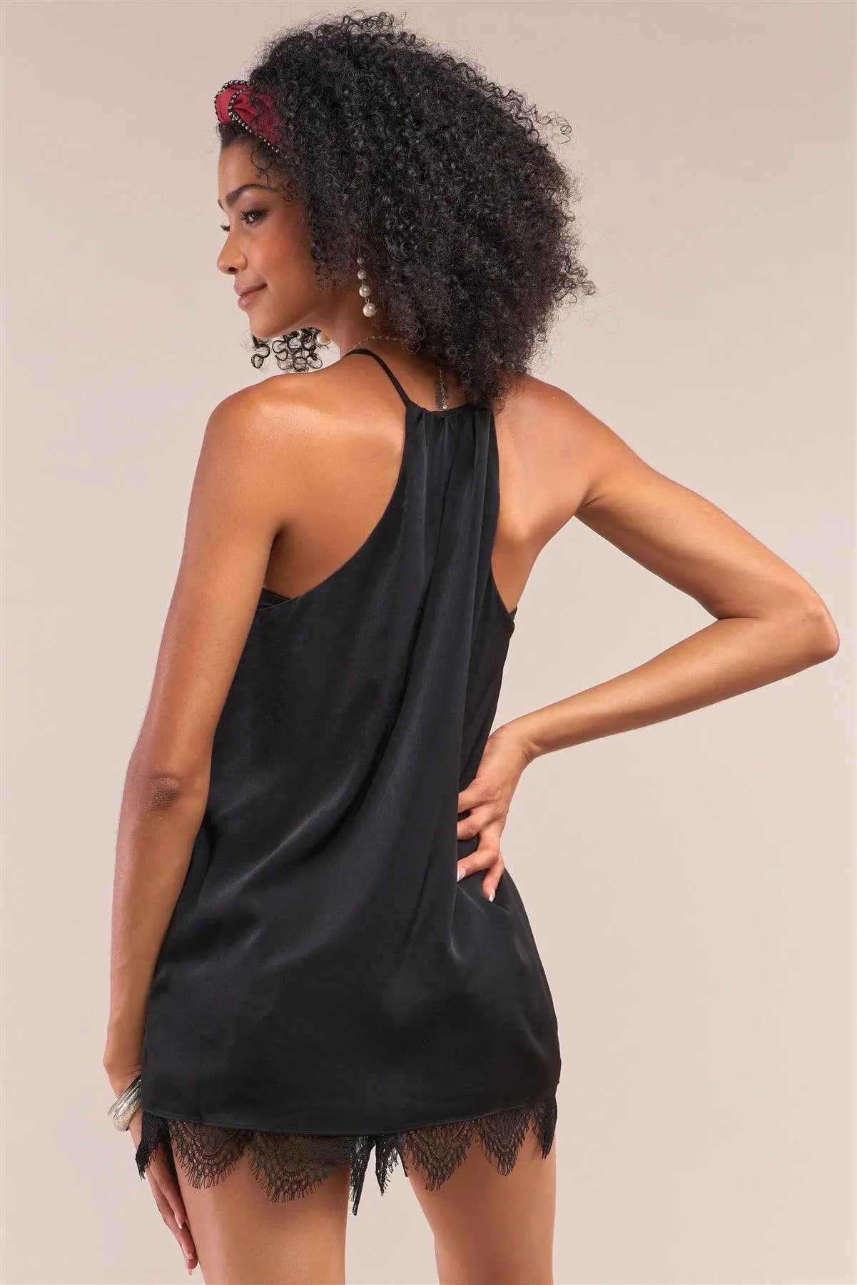 Black Satin Sleeveless Halter Tank Top /1-3-2 - Tasha Apparel Wholesale