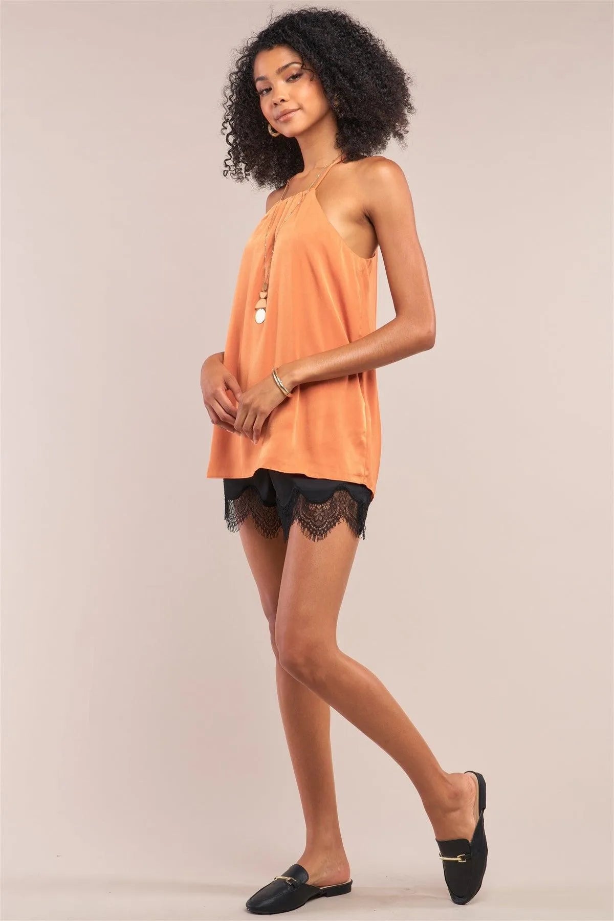 Orange Satin Sleeveless Halter Tank Top /1-2-2-1 - Tasha Apparel Wholesale