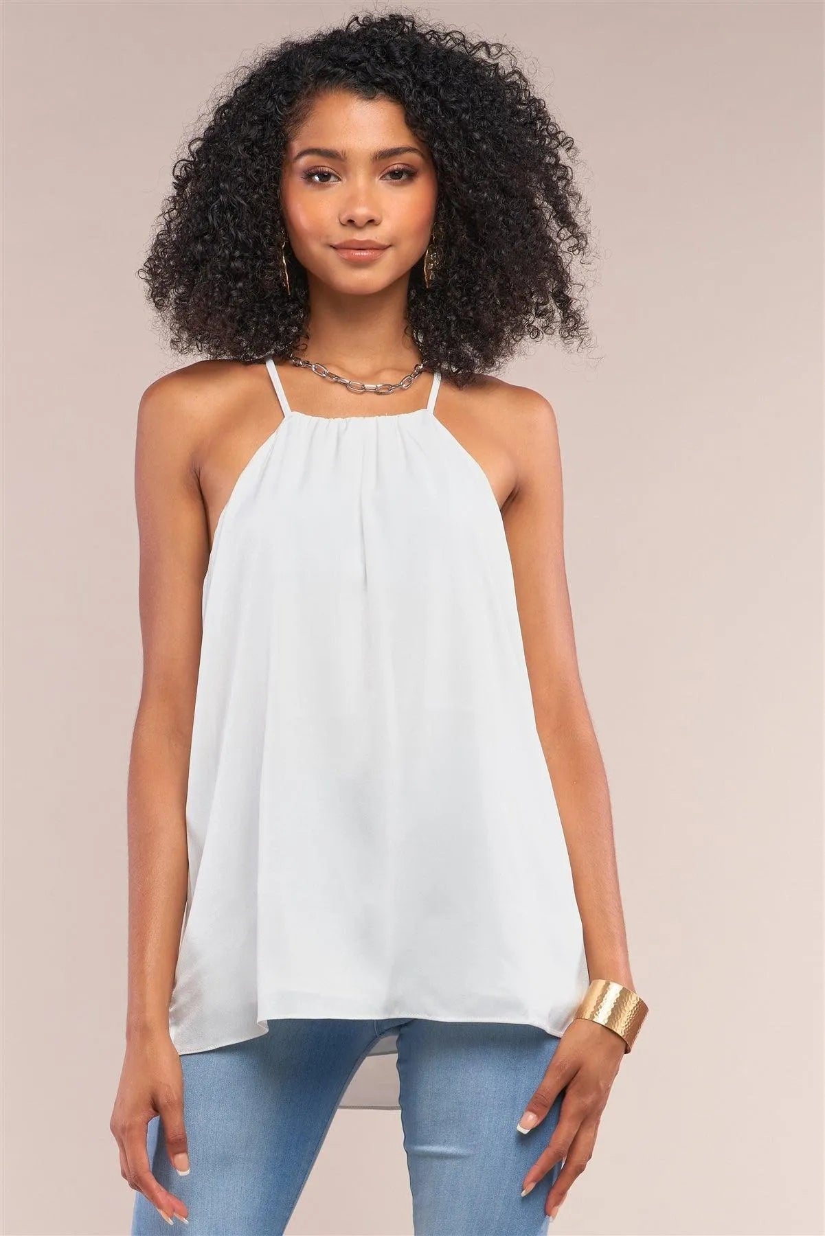 White Satin Sleeveless Halter Tank Top /1-1-1 - Tasha Apparel Wholesale