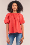 Apple Red Solid Loose Fit Crew Neck Puff Sleeve Detail Top /1-1-2-1 - Tasha Apparel Wholesale