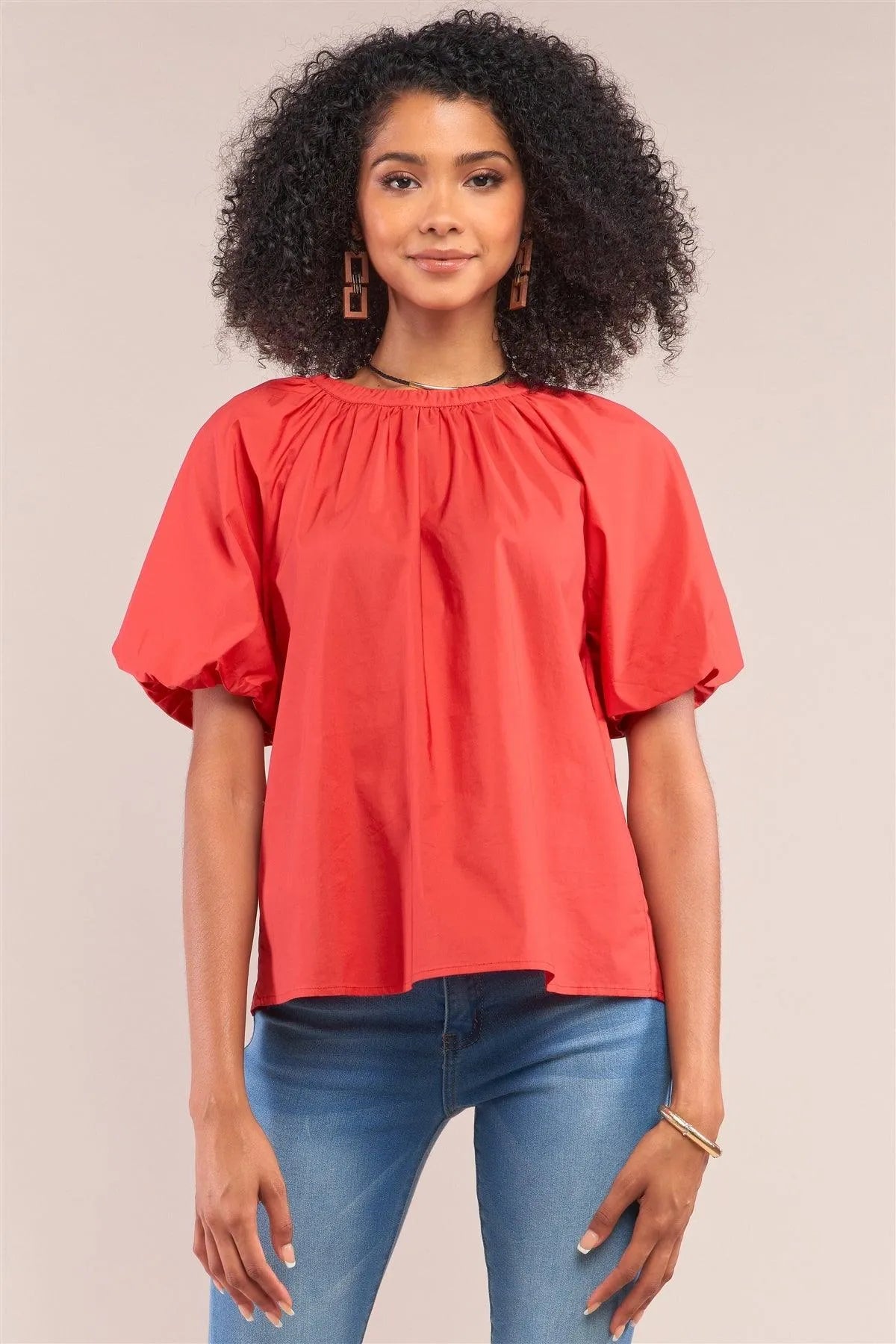 Apple Red Solid Loose Fit Crew Neck Puff Sleeve Detail Top /1-1-2-1 - Tasha Apparel Wholesale
