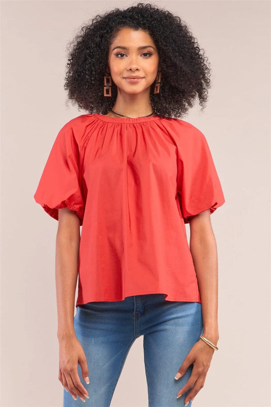 Apple Red Solid Loose Fit Crew Neck Puff Sleeve Detail Top /1-1-2-1 - Tasha Apparel Wholesale