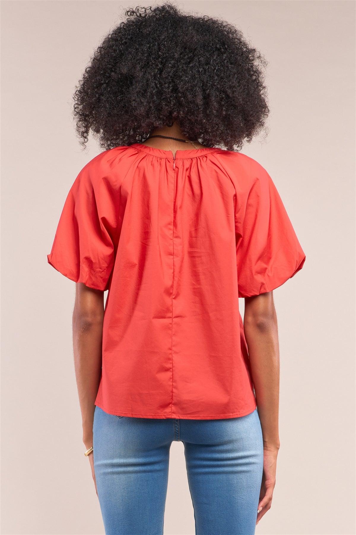 Apple Red Solid Loose Fit Crew Neck Puff Sleeve Detail Top /1-1-2-1