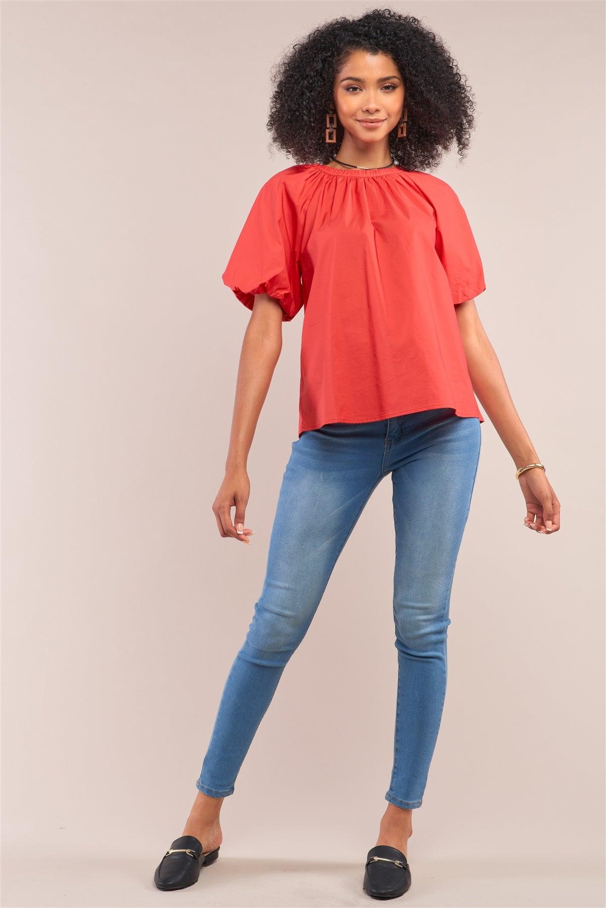 Apple Red Solid Loose Fit Crew Neck Puff Sleeve Detail Top /1-1-2-1