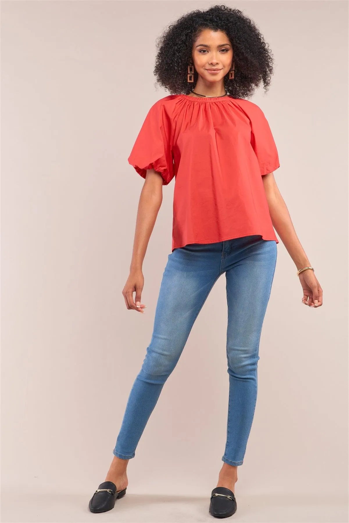 Apple Red Solid Loose Fit Crew Neck Puff Sleeve Detail Top /1-1-2-1 - Tasha Apparel Wholesale