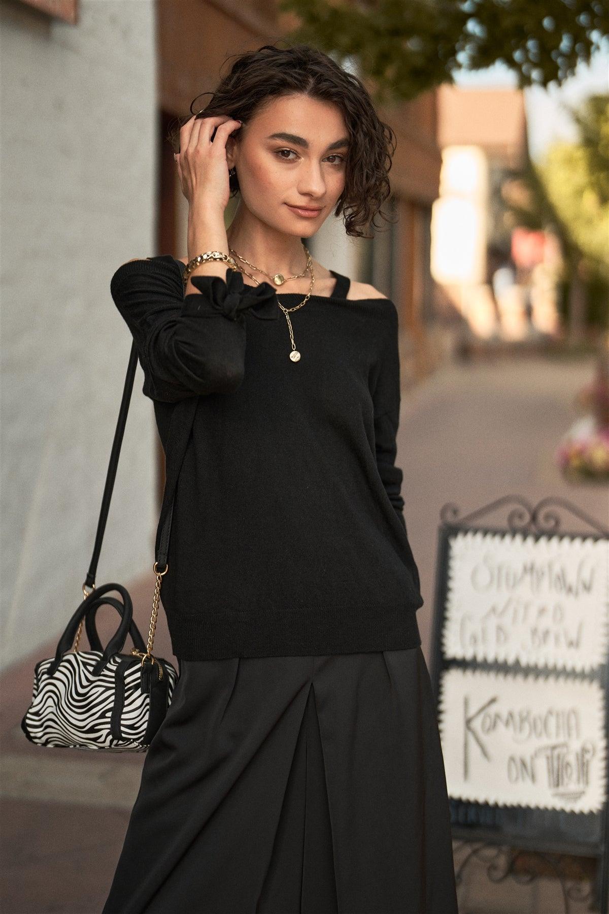 Black Off-The-Shoulder Heart Neckline Long Sleeve Relaxed Fit Knit Top /3-3