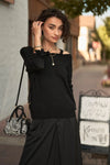 Black Off-The-Shoulder Heart Neckline Long Sleeve Relaxed Fit Knit Top /3-3 - Tasha Apparel Wholesale