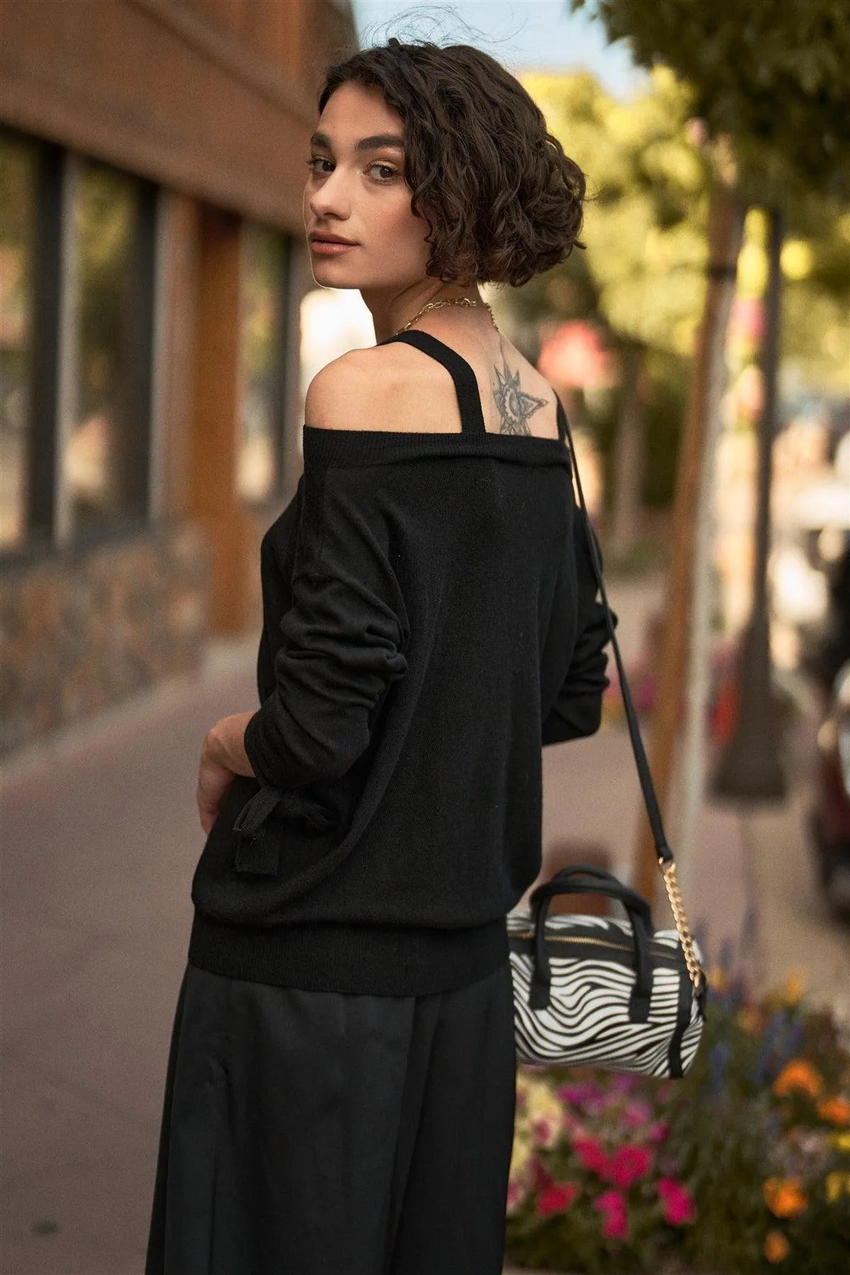 Black Off-The-Shoulder Heart Neckline Long Sleeve Relaxed Fit Knit Top /3-3 - Tasha Apparel Wholesale