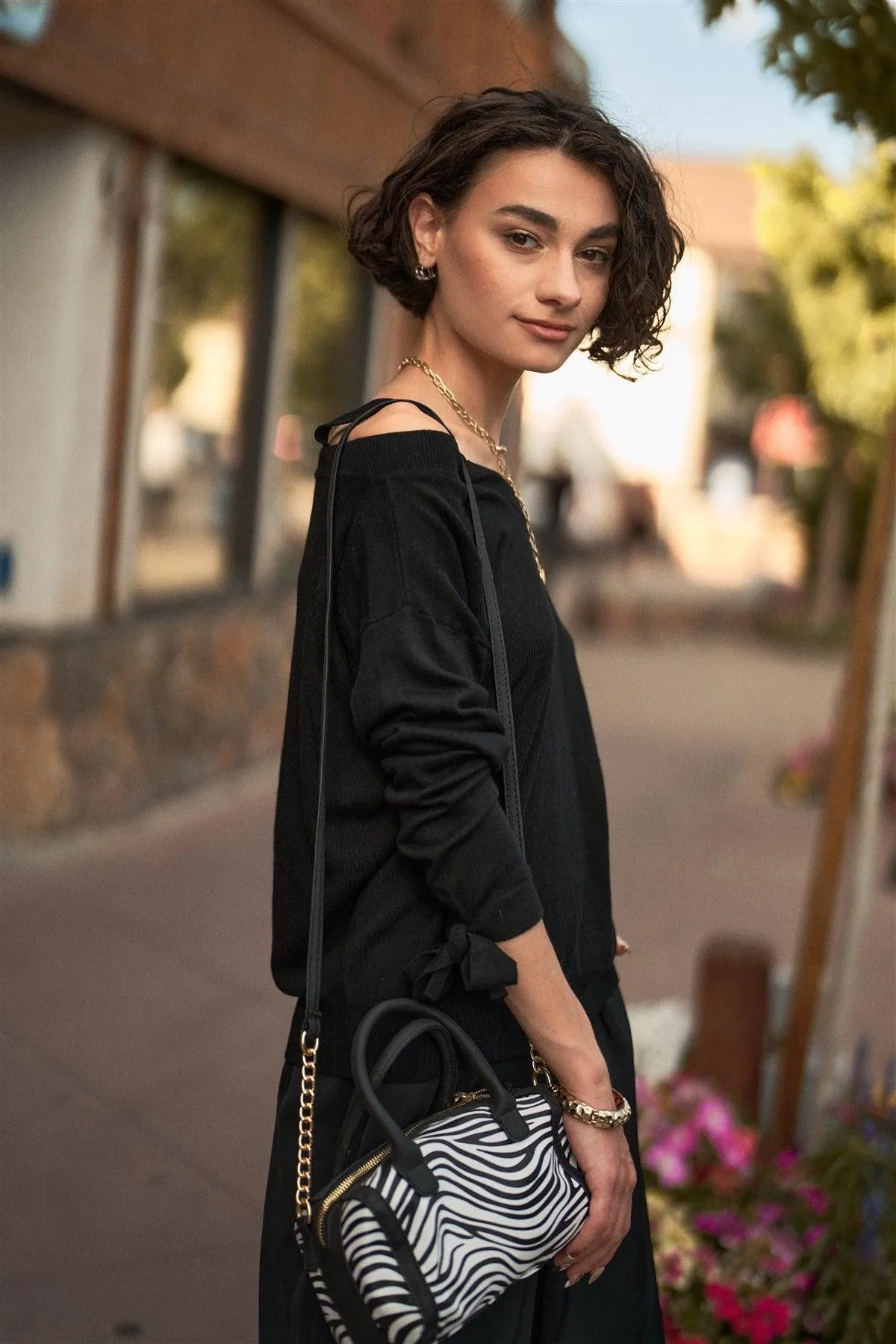 Black Off-The-Shoulder Heart Neckline Long Sleeve Relaxed Fit Knit Top /3-3 - Tasha Apparel Wholesale