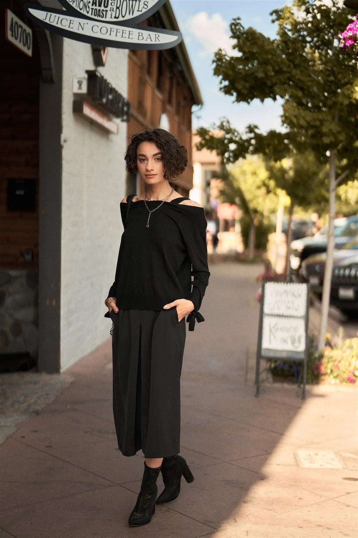 Black Off-The-Shoulder Heart Neckline Long Sleeve Relaxed Fit Knit Top /3-3 - Tasha Apparel Wholesale