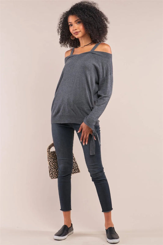 Off-The-Shoulder Long Sleeve Relaxed Fit Sweater /3-3 - Tasha Apparel Wholesale