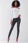 White Ribbed Off-The-Shoulder Printed Self-Tie Shoulder Strap Detail Long Sleeve Fitted Top /1-2-1 - Tasha Apparel Wholesale